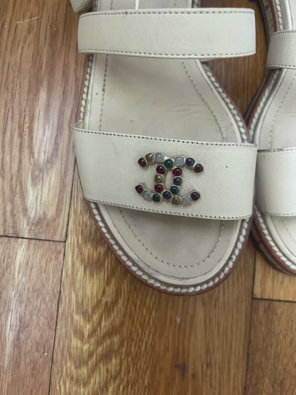 Chanel Beige Leather Strappy Sandals with Decorative Accent - Picture 3 of 5